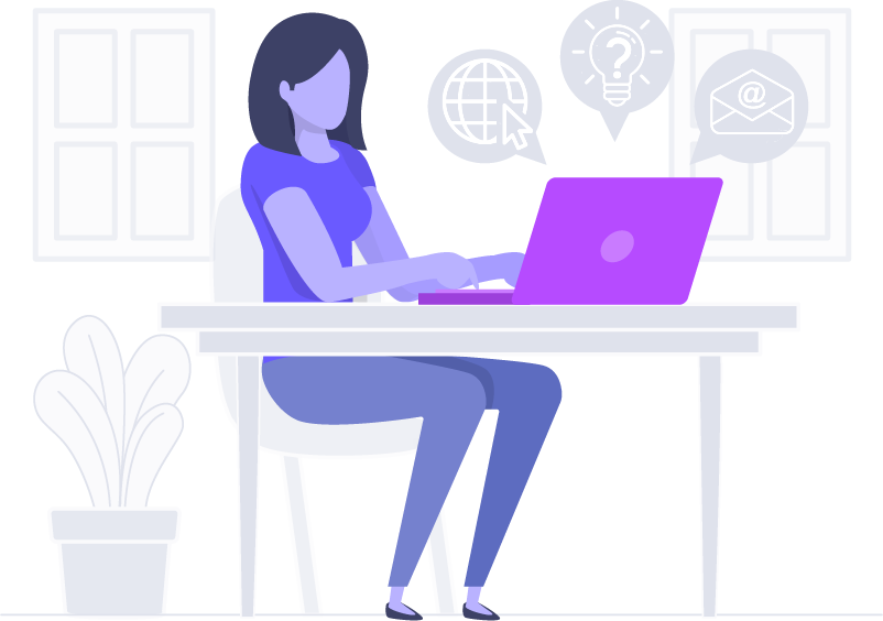 Dessin stylisé : une femme assise devant un ordinatur portable, des bulles avec des dessins dedans représentant : 1) site internet 2) question 3) email